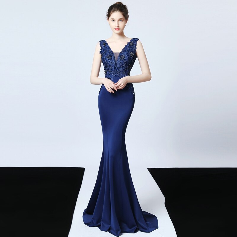 Green V-neck Appliques Beading Long Satin Evening Dress See-through Back Elegant Evening Party Dress