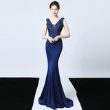 Green V-neck Appliques Beading Long Satin Evening Dress See-through Back Elegant Evening Party Dress