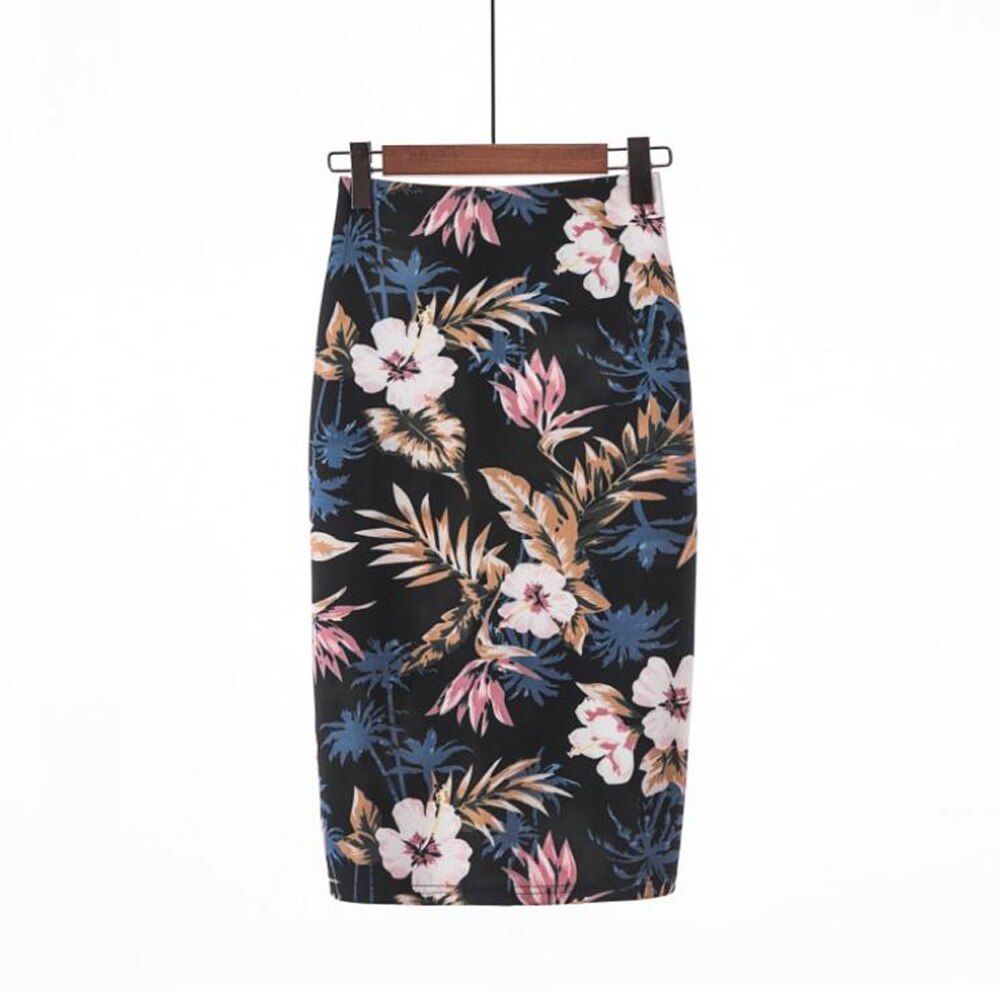 Summer Women Stretch Slim Print Bag Hip Ladies Mid-Length Casual Floral High Waist Pencil Skirt