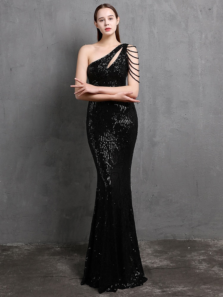 Women Beads Party Maxi Dress Elegant One Shoulder Gold Long Sequin Evening Dress