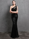 Women Beads Party Maxi Dress Elegant One Shoulder Gold Long Sequin Evening Dress
