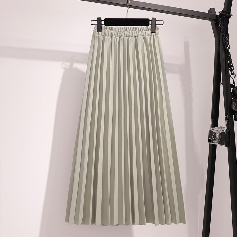 Spring Pleated Women Casual Solid Korean Elastic High Waist Midi Pink Black Skirt