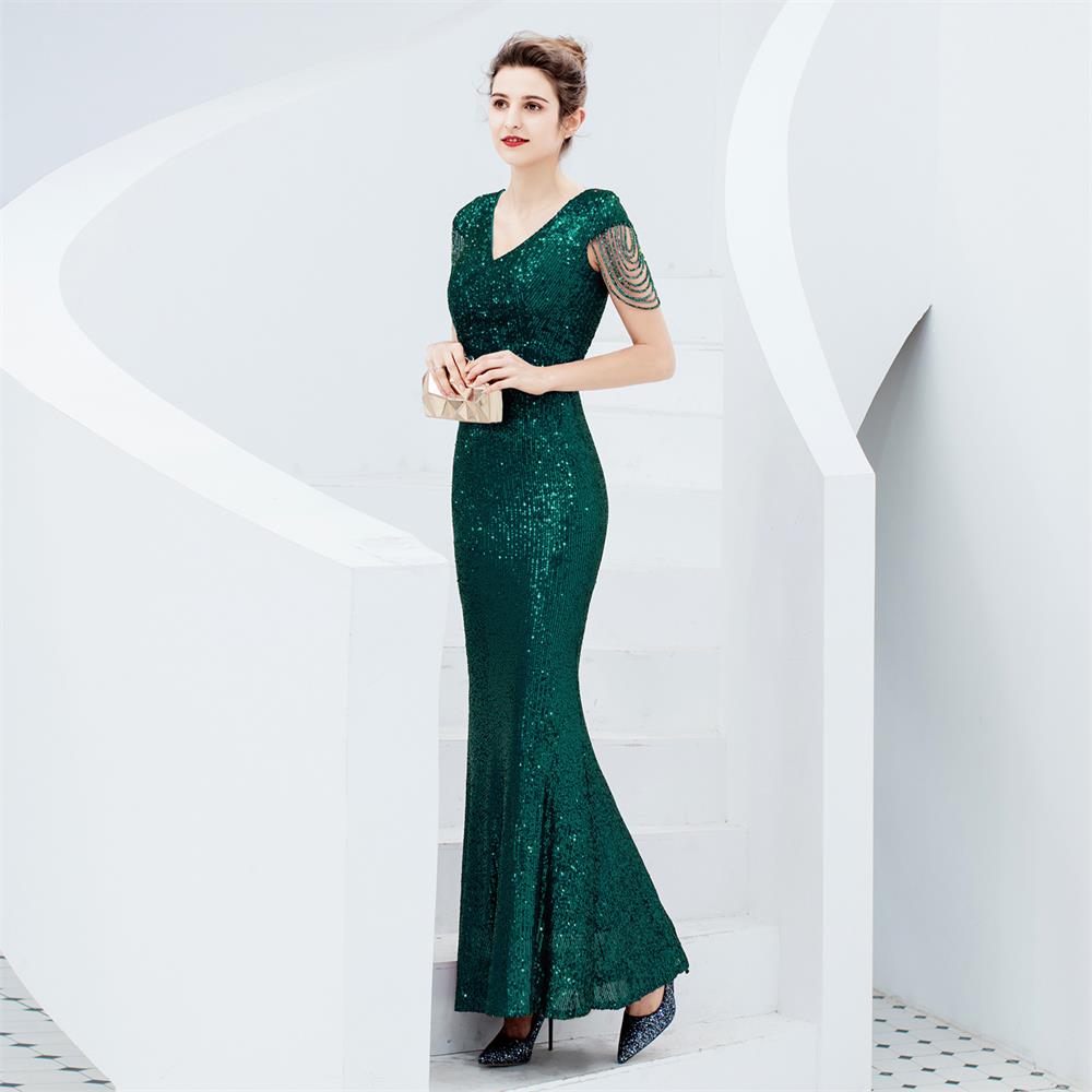 V-neck Sequins Evening Dress Women Elegant Beaded Long Evenning Party Dress Mermaid Formal Dresses