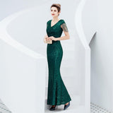 V-neck Sequins Evening Dress Women Elegant Beaded Long Evenning Party Dress Mermaid Formal Dresses