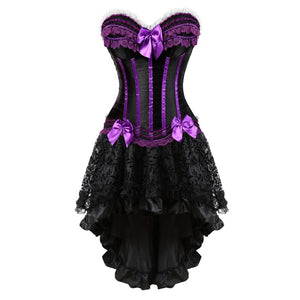 Gothic Sexy Lace Corset Dress Women Victorian Vintage Striped Bow Satin Corset Bustier Top With Asymmentrical Floral Skirt Set