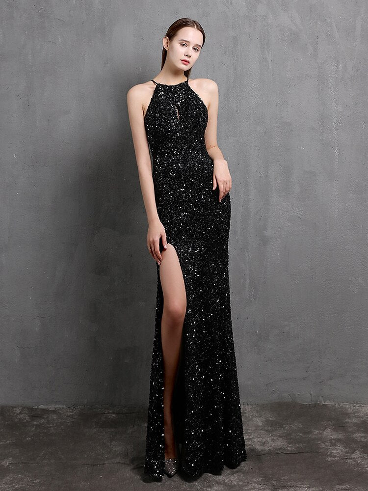 Halter Neck Sexy High Slite Cocktail Dress Sleeveless Shinning Sequins –  jetechband