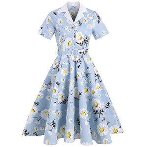 Notched Collar Daisy Elegant Women 1950s Vintage Belted Midi Dress Short Sleeve Button Front Ladies Floral Swing Dresses