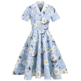 Notched Collar Daisy Elegant Women 1950s Vintage Belted Midi Dress Short Sleeve Button Front Ladies Floral Swing Dresses