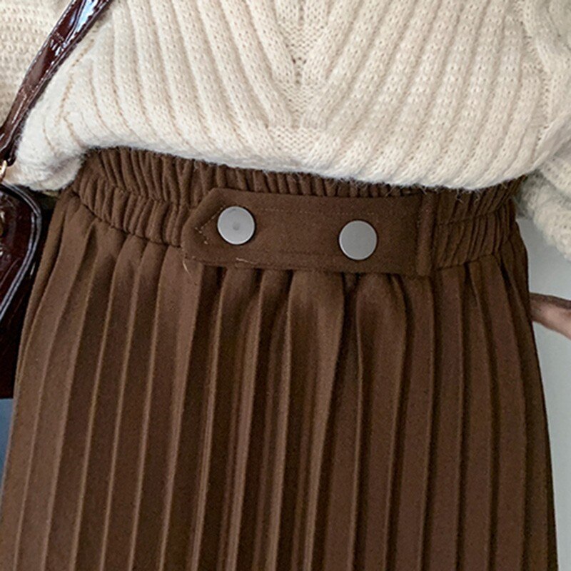 Women Casual Pleated Skirts Spring Korean Style All-match Vintage Woolen Ladies High Waist A-line Long Skirt