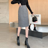 Ladies Elegant Knee-length Pencil Skirts Korean Style Vintage Plaid Woolen High Waist Women Casual Skirt