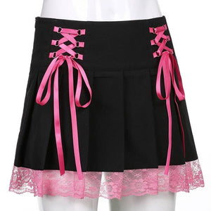 Y2K Aesthetics Lace Trim Low Waist Sexy High Waist Black Cute Short Bottoms Clubwear Skirts