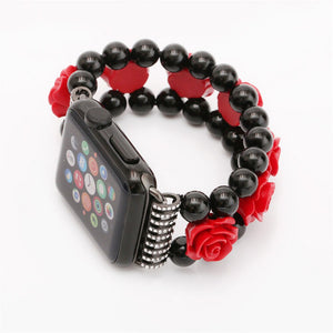 Black Agate Beads Chain Bracelet for Apple Watch Band Series SE/6/5/4/3/2 Women Stylish Carved Strap for iWatch 40/44MM 38/42MM