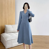 Autumn Winter Women's Long-Sleeved Sweater Outwear Cardigan Suit Collar Singles Breasted Knitted A-line Dress