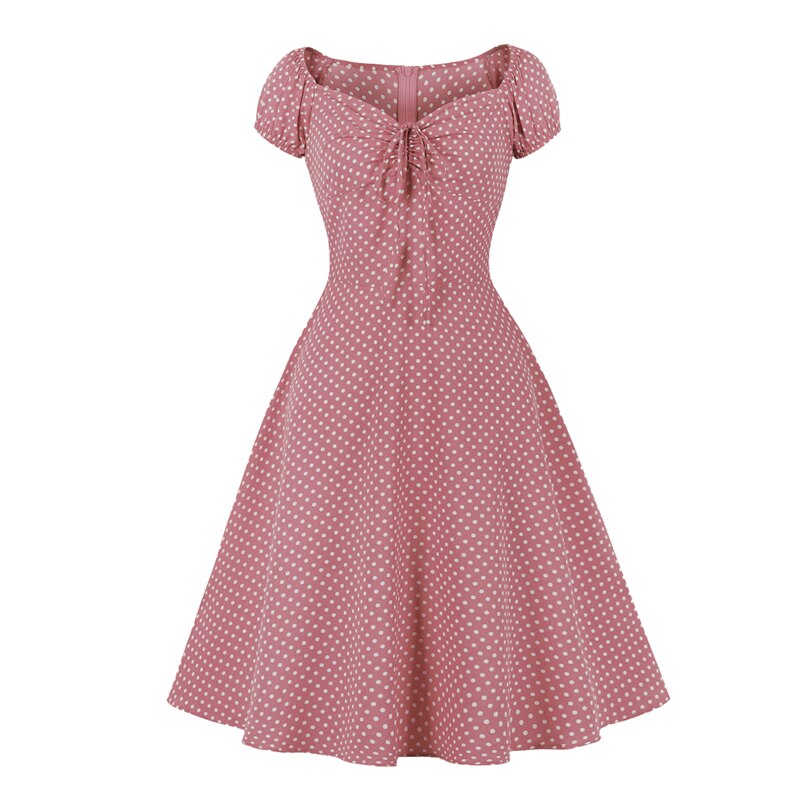 Tie Sweetheart Neck Polka Dot Vintage Women Summer Dress 2021 High Waist Retro Female A Line Swing Casual Dresses 1950s Style