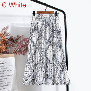 Women Chiffon Pleated Skirt Elastic High Waist Summer Print Casual Midi Long Skirt