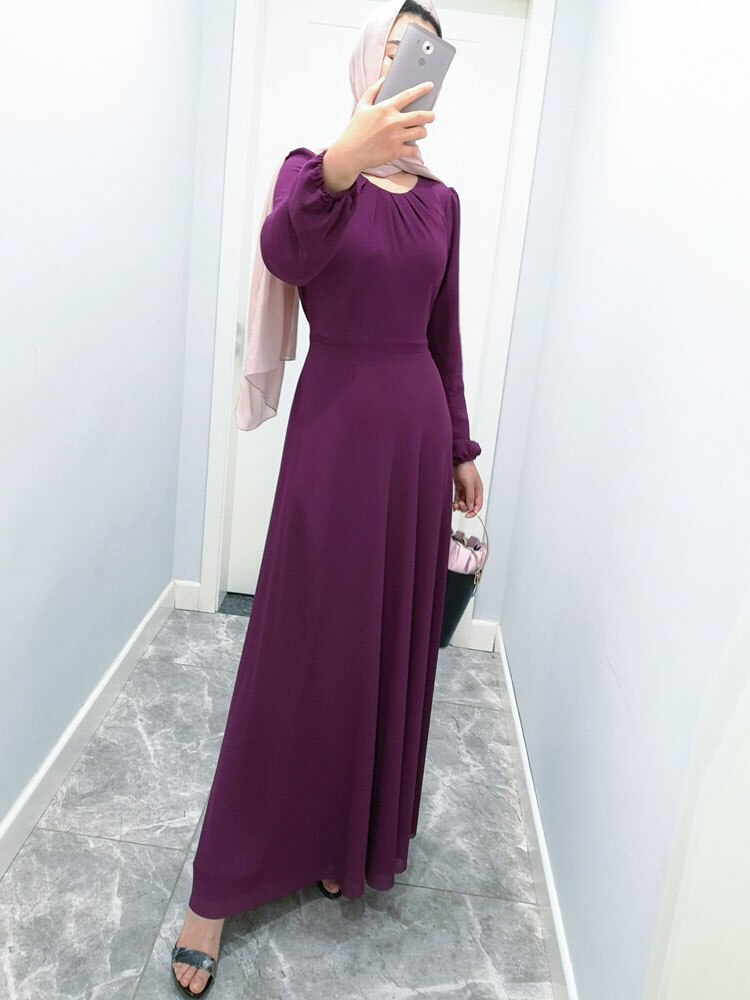 Belt Bow Chiffon Muslim Dress Abaya Dress Plus Size Arab Casual Dress Prom Gowns Robe De Soriee Full-Sleeve O-neck Dress