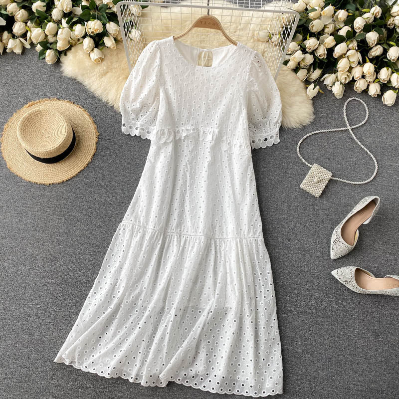 embroidery loose dress women Boho Beach Embroidery Lace Dress Women Clothing Round Neck Short Puff –  jetechband