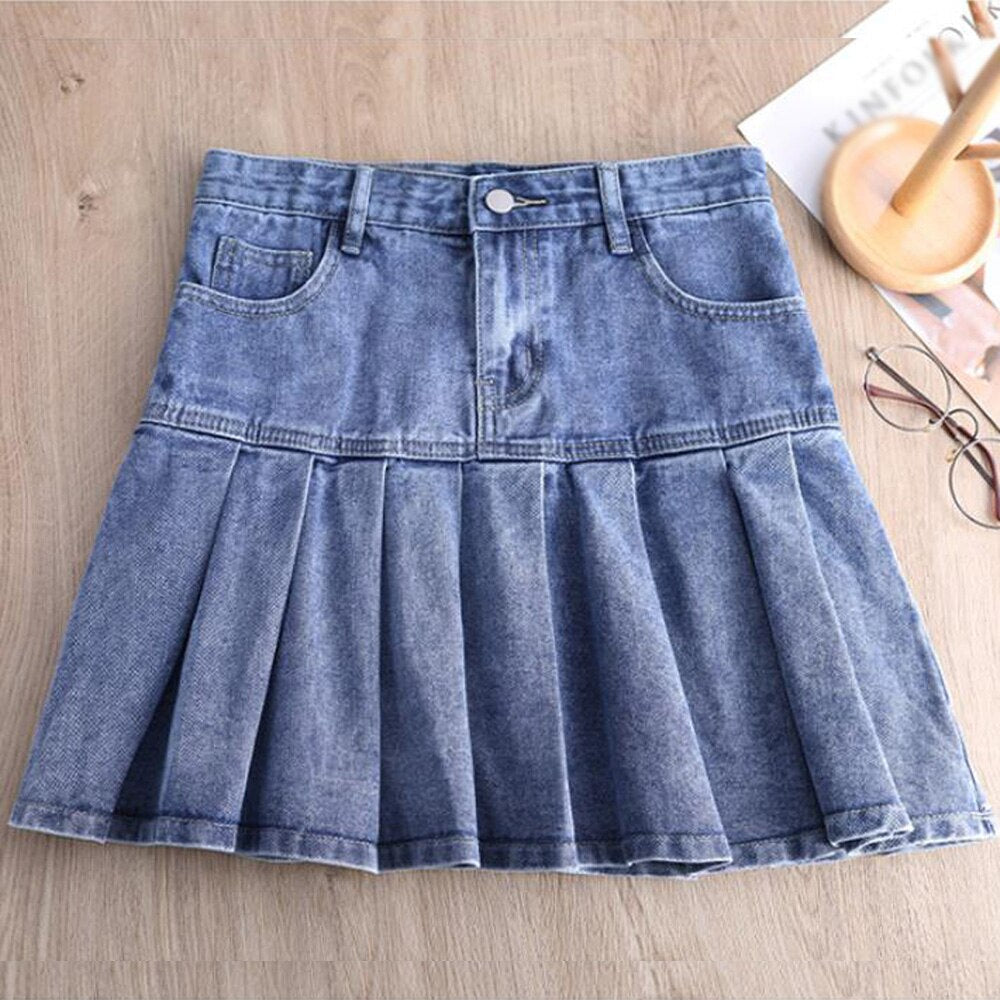 Women Sexy Sweet Harajuku Girls Dance Short Skirt Streetwear High Waist Big Hem Flared Pleated Jeans Skirt