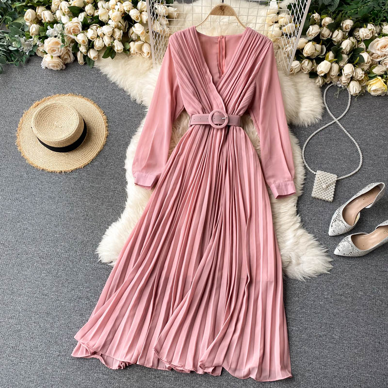 V Neck Long Sleeve Pleated Chiffon Dress Office Lady Vintage Elegant M –  jetechband