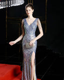 Sexy Slit Sequins Long Evening Dress Womens V-neck Beading Evening Party Dress