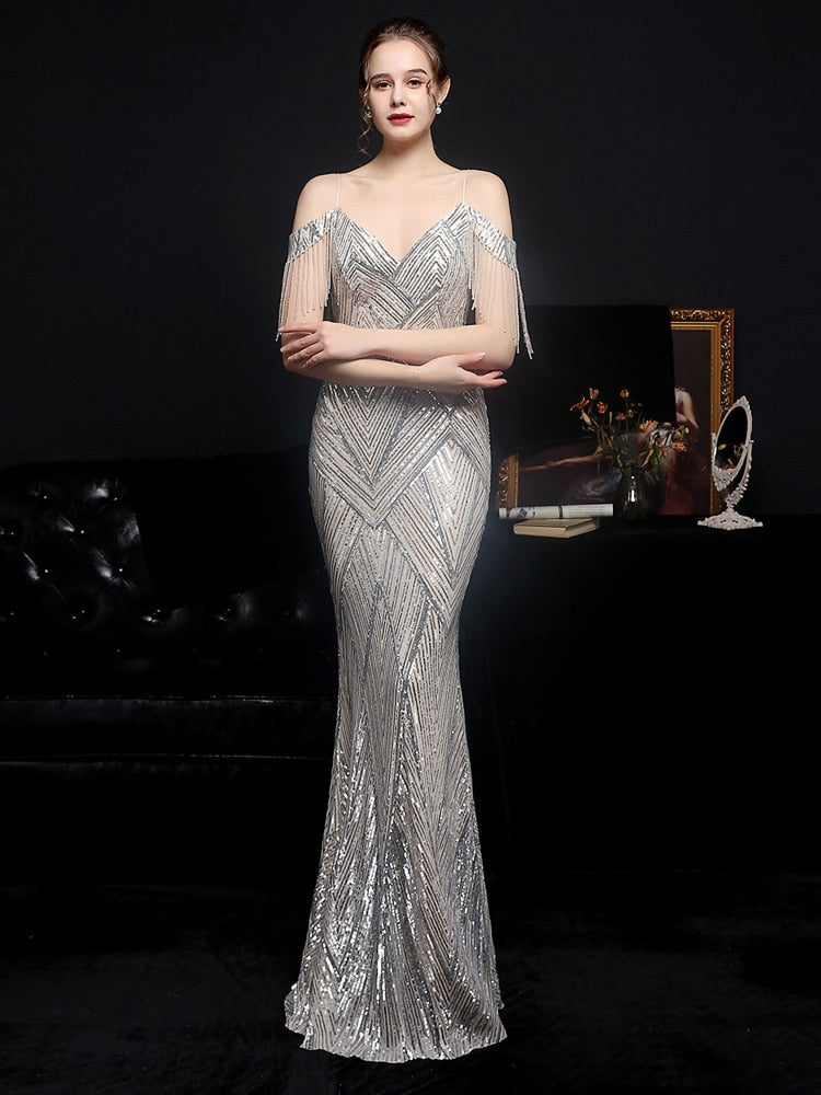 Women Gold Sequin Party Dress Strap Maxi Dress Sexy V Neck Beading Evening Dress
