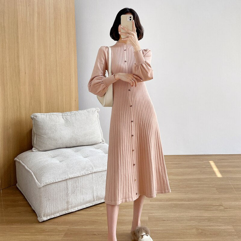 Autumn Winter Buttons Puff-Sleeve Women Sweaters Dress Slim Waist Stretched Knitted Female Midi Dress vestidos