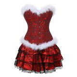 Christmas Overbust Corset Dress Burlesque Feathers Bustier Lingerie Gothic Vintage Floral Lace Corset Skirt Set Sexy Costume Red