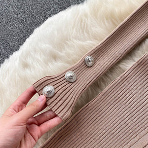 Autumn Winter Midi Dresses For Women Crew Neck Long Sleeve Elegant Ribbed Knitted Dress Button Sexy Bodycon Dress