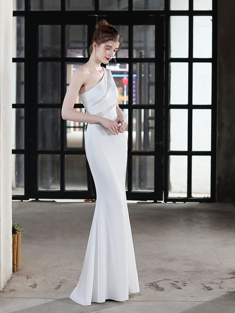 One Shoulder Mermaid Evening Dress Floor Length Robes Women Formal Vestidoes Sleevless Beading Robe De Soriee