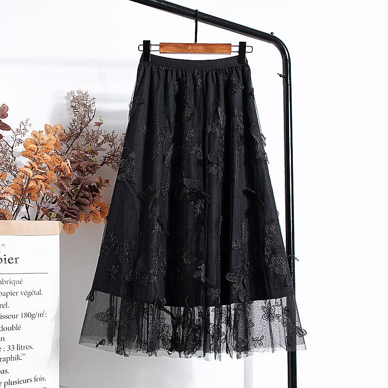 Woman Elegant Vintage Butterfly Embroidered A-Line Mesh Midi Skirt Elastic High Waist Summer Skirts
