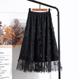 Woman Elegant Vintage Butterfly Embroidered A-Line Mesh Midi Skirt Elastic High Waist Summer Skirts
