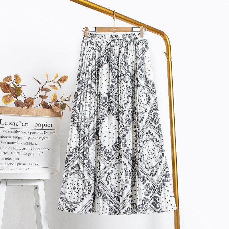 Elegant Vintage Geometric Print Pleated Skirt Women Summer Elastic High Waist Chiffon Midi Skirt
