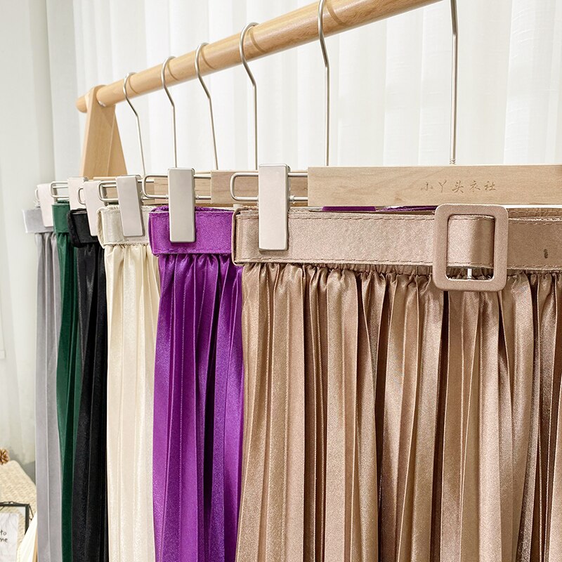 Women Shimmer Satin Midi Long Pleated Skirt With Belt Elastic High Waist Casual Skirts