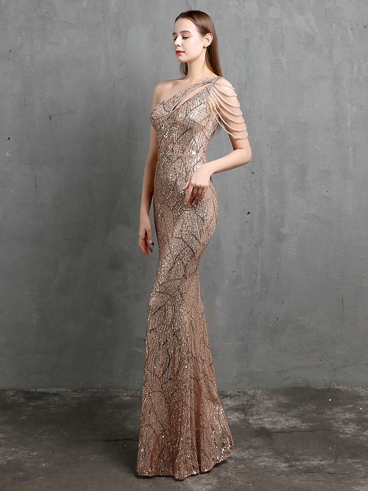 Women Beads Party Maxi Dress Elegant One Shoulder Gold Long Sequin Evening Dress
