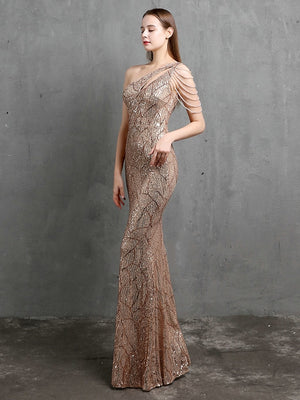 Women Beads Party Maxi Dress Elegant One Shoulder Gold Long Sequin Evening Dress