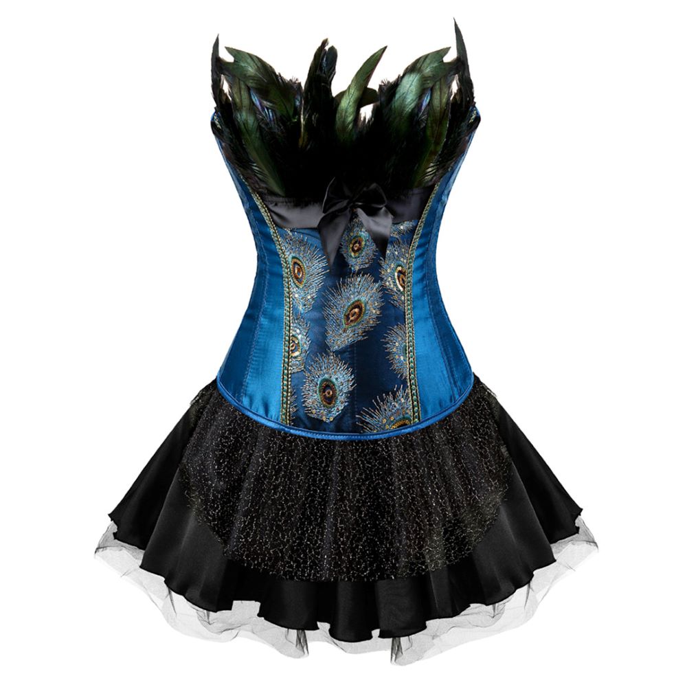 Women Sexy Peacock Feathers Embroidery Overbust Corset Bustier Lingerie Top With Mesh Mini Skirt Set Burlesque Corset Dress