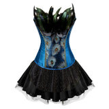 Women Sexy Peacock Feathers Embroidery Overbust Corset Bustier Lingerie Top With Mesh Mini Skirt Set Burlesque Corset Dress