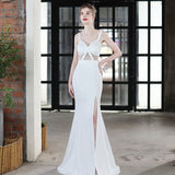 Sexy Slit Evening Dress Women's Black Strap Dress Party Maxi Dress WIth Beading