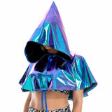 Shiny PU Leather Holographic Cape Unisex Cosplay Metallic Death Cape Short Hooded Rave Festival Cloak Hat Halloween Costume