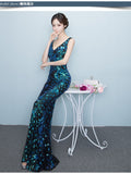 Elegant Mermaid Evening Dress Sleeveless Sequins Robe De Soriee V-neck Tulle Prom Gown Beads Formal Dress