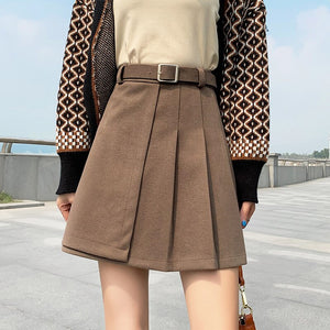 Ladies Elegant A-line Pleated Skirt Korean Style Vintage Woolen All-match Women Casual Mini Skirts With Belt