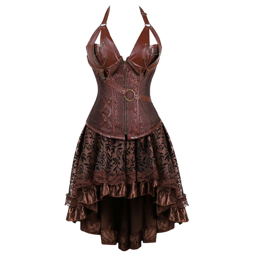 Steampunk Floral Corset Dress Women Gothic PU Leather Corset Bustier With Burlesque Skirt Set Halloween Pirate Costume Brown