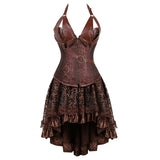 Steampunk Floral Corset Dress Women Gothic PU Leather Corset Bustier With Burlesque Skirt Set Halloween Pirate Costume Brown