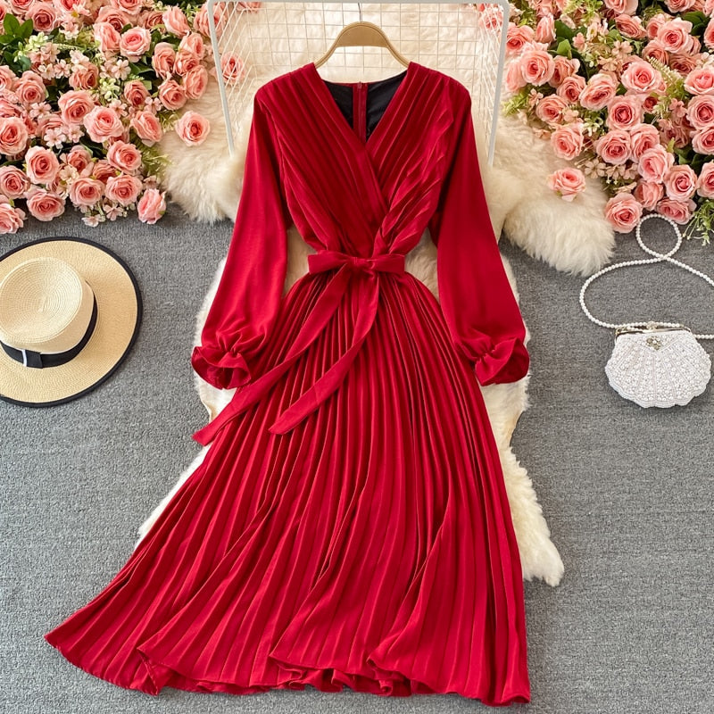 Party Elegant Vintage Midi Dress With Belt Autumn V Neck Long Sleeve C jetechband Party Elegant Vintage Midi Dress With Belt Autumn V Neck Long Sleeve C jetechband