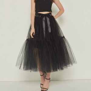 Black Long Summer Tulle Skirt Women Korean Fashion Solid Puffy Retro Party Skirt Petticoat