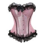 Women Sexy Satin Lace Trim Overbust Corset Showgirl Waist Cincher Body Shaper Slim Burlesque Corset Bustier Lingerie Top