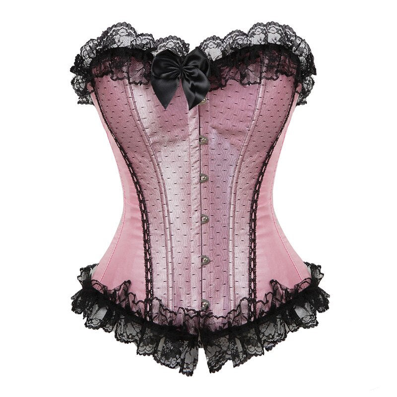 Women Sexy Satin Striped Lace Overbust Corset Showgirls Waist Cincher Body Shaper Slim Fashion Corset Bustier Plus Size