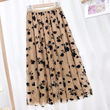 Mid Calf Long Floral Flocking Tulle Women Elastic High Waist Mesh A line Midi Skirt
