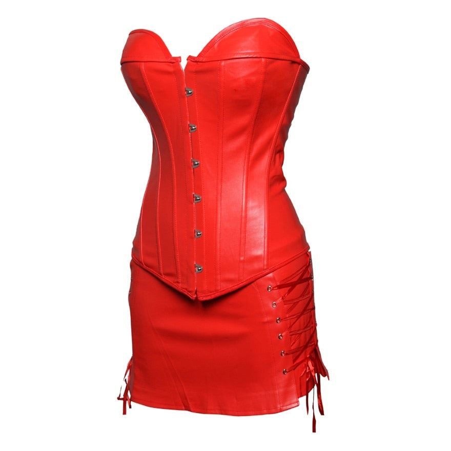Women Gothic Faux Leather Corset Dress Sexy Overbust Corset Bustier Lingerie Top With Mini Skirt Set Party Burlesque Costume