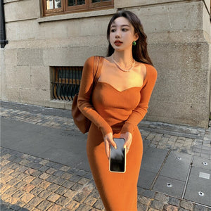 Autumn 2021 Women Korean Slim Split Long Sweater Dress Long Sleeve Sexy Knitting Dress